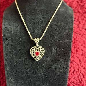 Gold Heart Pendant Necklace with Red Accent